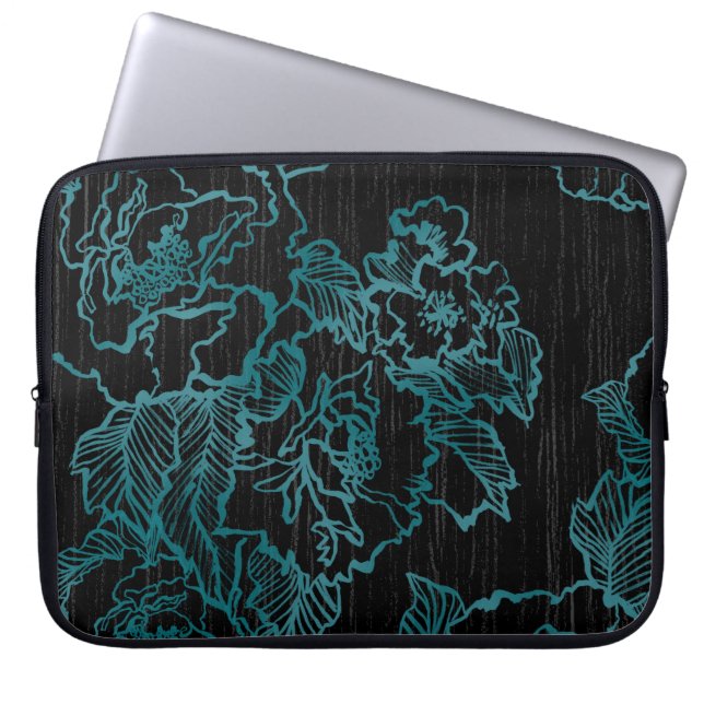 Protection Pour Ordinateur Portable Peonies turquoises sur Elegant Black (Devant)