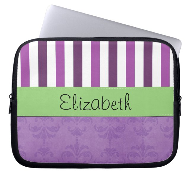 Protection Pour Ordinateur Portable Purple Damask, Purple Stripes, Stripe, Votre Nom (Devant)