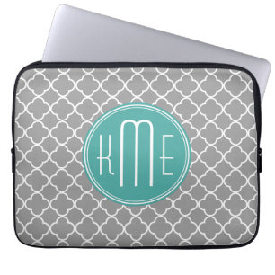 Protection Pour Ordinateur Portable Quatrefoil gris avec le monogramme de menthe de