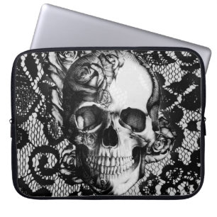 Protection Pour Ordinateur Portable Roses et crâne noirs et blancs de dentelle