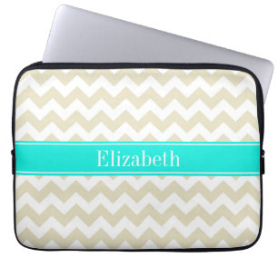 Protection Pour Ordinateur Portable Sable Beige Blanc Chevron clair Aqua Nom Monogramm