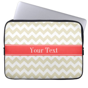Protection Pour Ordinateur Portable Sable Beige Blanc Chevron Corail Rouge Nom Monogra