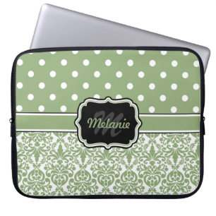 Protection Pour Ordinateur Portable Sage Vert Monogramme Damask Polka Dot