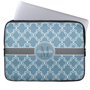 Protection Pour Ordinateur Portable Sky Blue Grey Blanc Quatrefoil marocain Monogramme