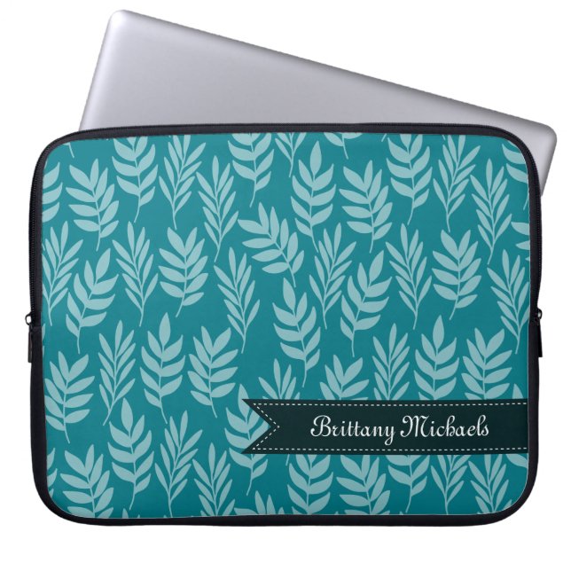 Protection Pour Ordinateur Portable Turquoise et Aqua Elegant Motif Feuille avec nom (Devant)