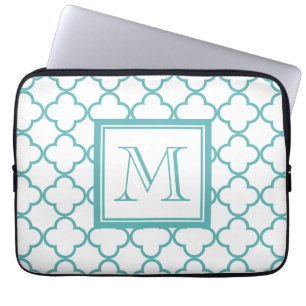 Protection Pour Ordinateur Portable Turquoise et Quatrefoil blanc votre monogramme