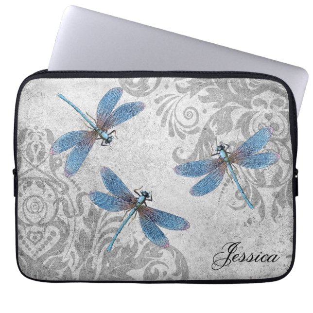 Protection Pour Ordinateur Portable Vintage Grunge Damask et libellules (Devant)