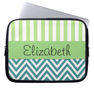 Protection Pour Ordinateur Portable Zigzag Bleu, Chevron, Grandes Vertes, Votre Nom