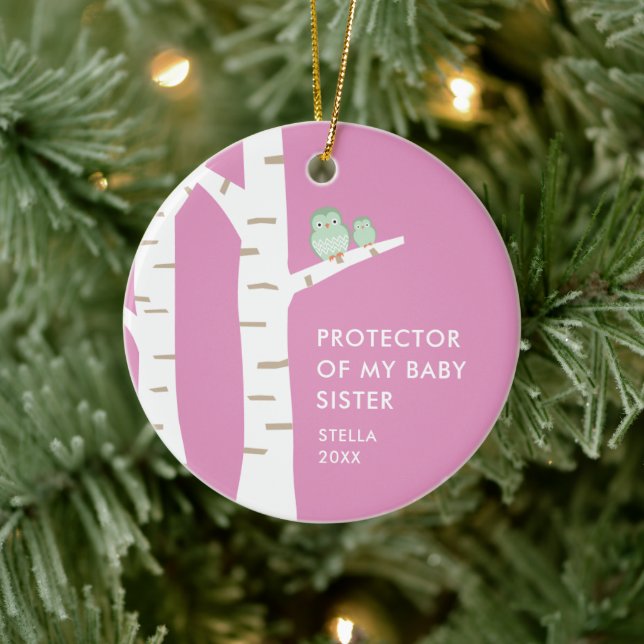 Protector Of My Baby Sister Personalized Cute Owls Ceramic Ornament (Tree)