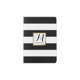 Protège-passeport Monogramme d'or grippé noir et blanc personnalisé