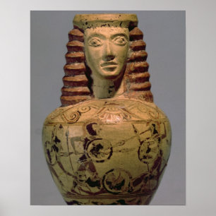 Proto-Corinthian aryballos with a human head, deco Poster