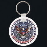 Proud American Air Force Son Keychain<br><div class="desc">This design features colorful American eagle with its wings widely spread. The eagle is located over the magic mandala and is decorated with the USA flag. The colorful text "Proud American Air Force Son" goes around the image. A beautiful family gift for a boy or a guy. Do not forget...</div>