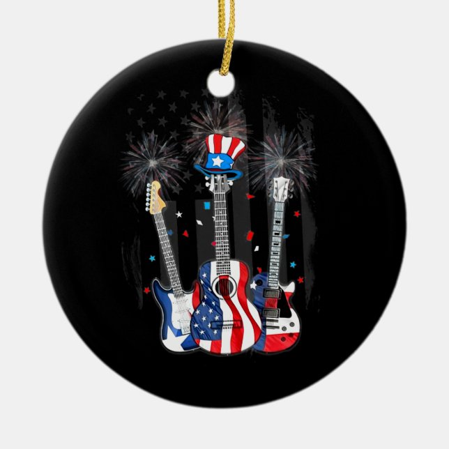 Proud American Flag Guitar Firework Patriotic 4th Ceramic Ornament (Front)