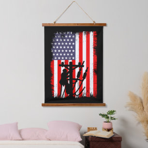 Proud American Lineman Patriotic Utility Worker Hanging Tapestry