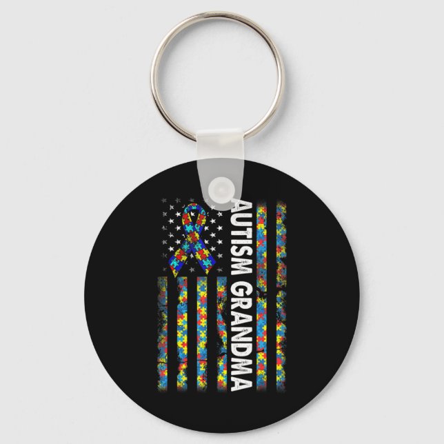 Proud Autism Grandma American Flag Autism Awarenes Keychain (Front)
