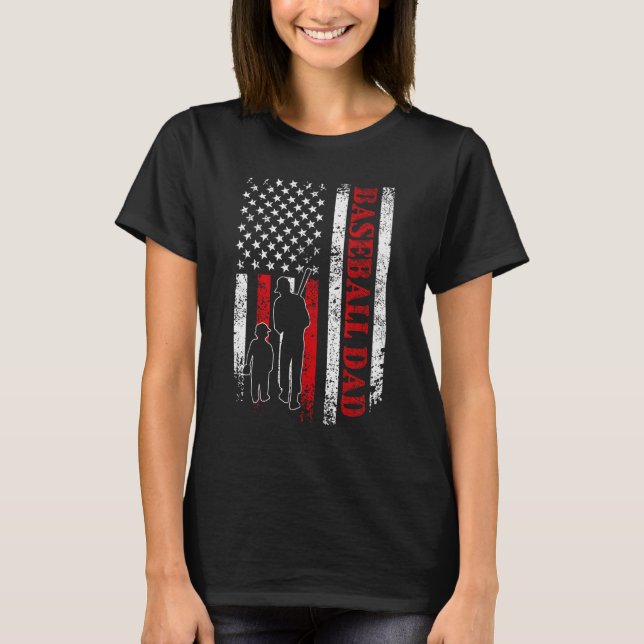 Proud Baseball Dad American Flag Sports T-Shirt (Front)