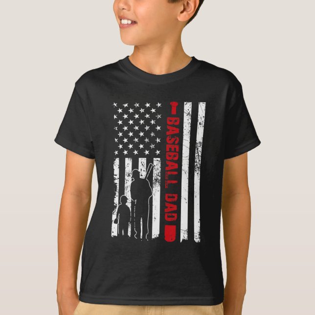 Proud Baseball Dad American Flag Sports T-Shirt (Front)