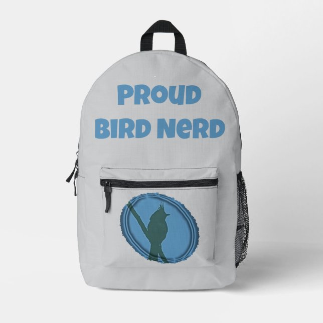 Proud Bird Nerd Blue Grey Silhouette Birder Printed Backpack (Front)