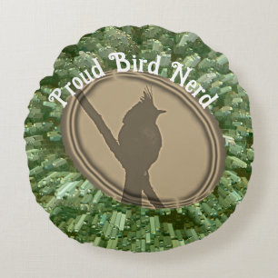 Proud Bird Nerd Silhouette Brown Green Birder Round Pillow