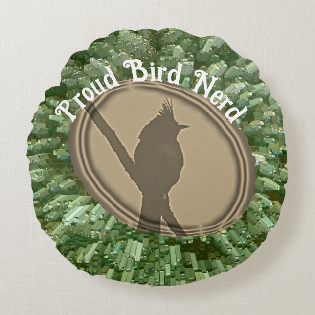 Proud Bird Nerd Silhouette Brown Green Birder Round Pillow (Front)