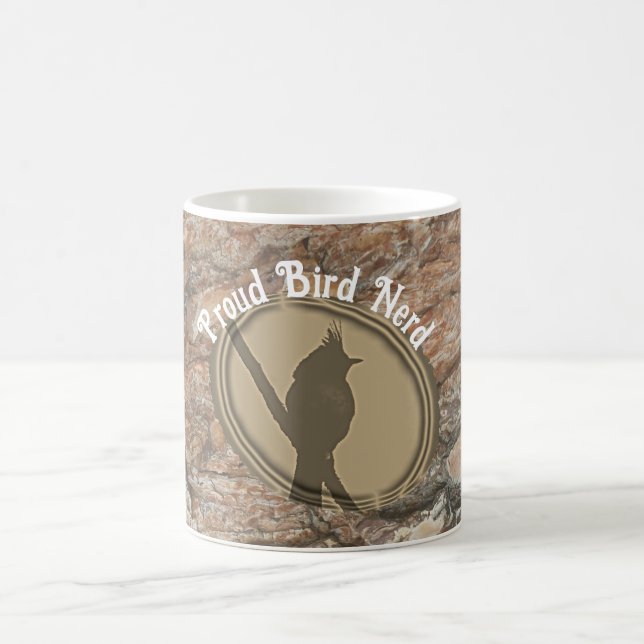Proud Bird Nerd Silhouette Rustic Woodgrain Birder Coffee Mug (Center)