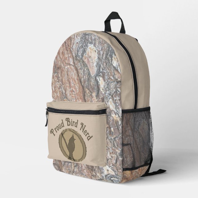 Proud Bird Nerd Silhouette Tree Wood Birder Printed Backpack (Back Corner Right)