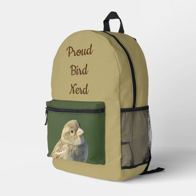 Proud Bird Nerd Sparrow Photo Birdwatching Birder Printed Backpack (Back Corner Right)