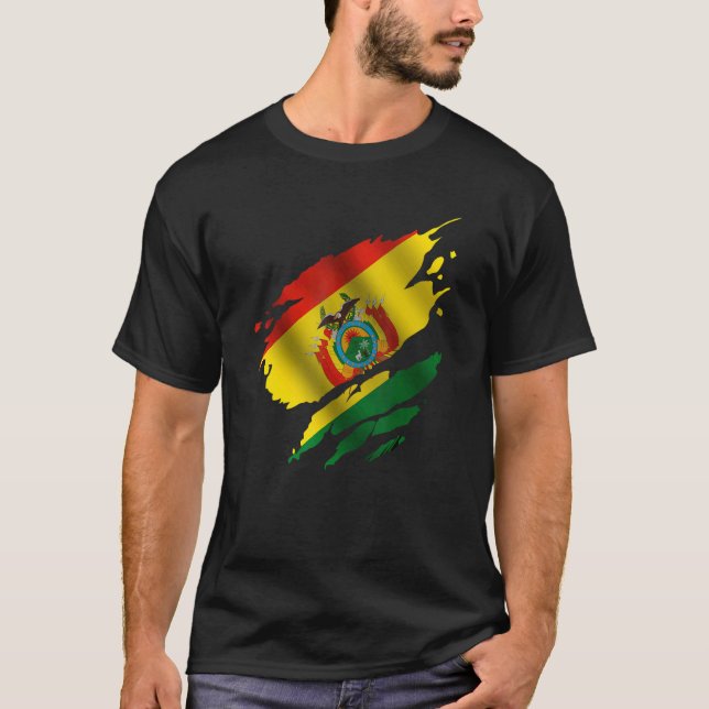 Proud Bolivian Root Torn Ripped Bolivia Flag T-Shirt (Front)