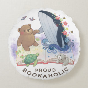Proud Bookaholic: Magic of Books Illustration Round Pillow