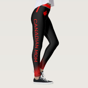 Proud Canadian MOM with Red Maple Leaf on BLACK Leggings