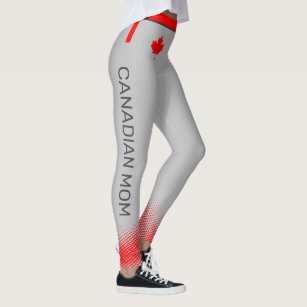 Proud Canadian MOM with Red Maple Leaf on GREY Leggings