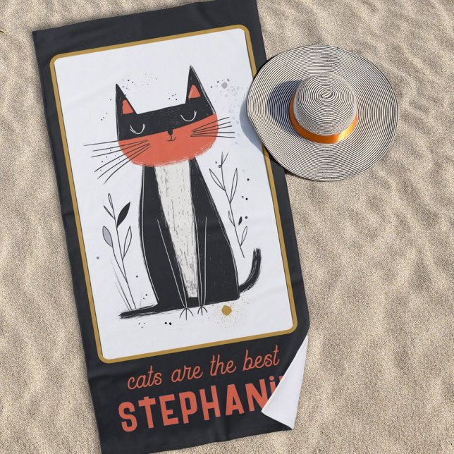 Proud Cat Illustration Personalized Beach Towel (Quirky black, orange and white cat illustration on personalized beach towel.)