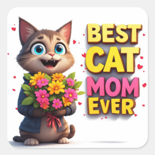 Proud Cat Mom With Cute Flower Kitty 🐱 Square Sticker