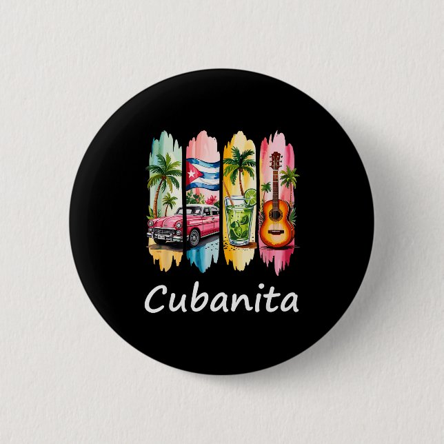 Proud Cubanita Cuban Flag Guitar Mojito Car Design 2 Inch Round Button (Front)