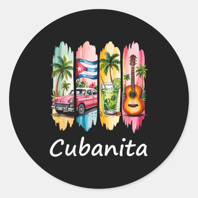 Proud Cubanita Cuban Flag Guitar Mojito Car Design Classic Round Sticker (Front)