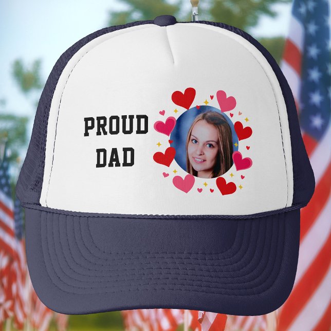 Proud Dad Custom Photo Text Hearts Personalized Trucker Hat (Creator Uploaded)