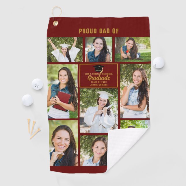 Proud Dad Graduate Photo Collage Maroon Gold Golf Towel (InSitu)