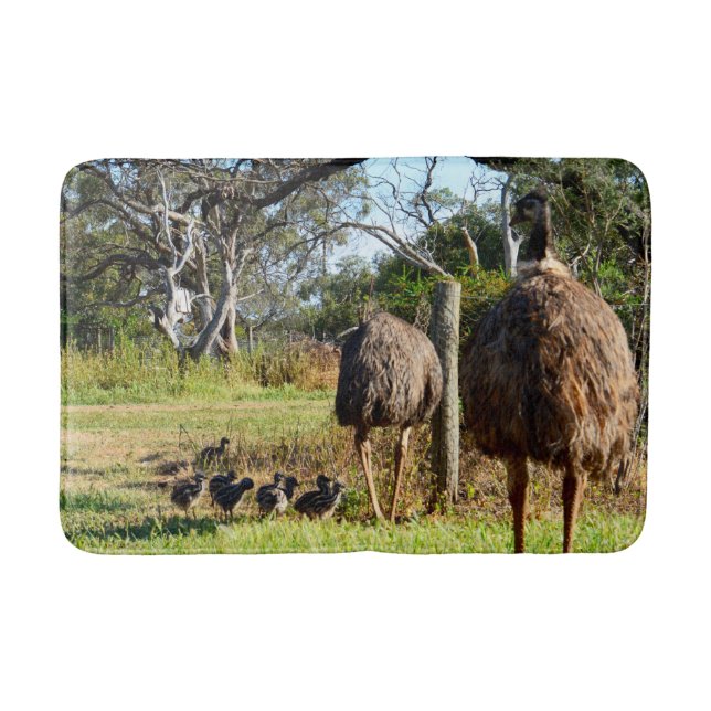 Proud Emu Parents With Chicks, Bath Mat (Front)
