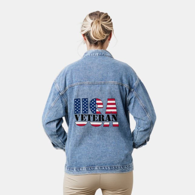 Proud Female Veteran Patriotic Denim Jacket (Model)