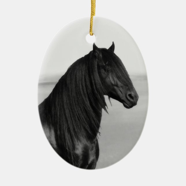 Proud Friesian black stallion horse Ceramic Ornament (Front)