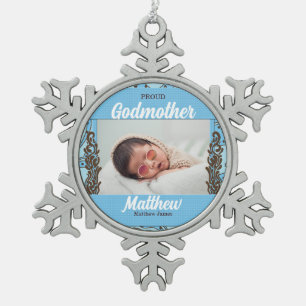Proud Godmother Blue and Brown Photo Snowflake Pewter Christmas Ornament