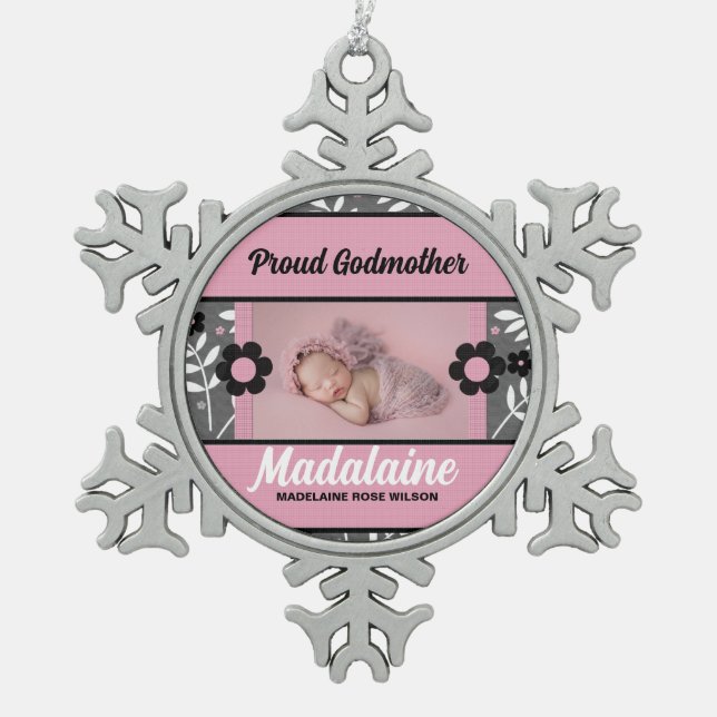 Proud Godmother Pink Retro Photo Snowflake Pewter Christmas Ornament (Front)