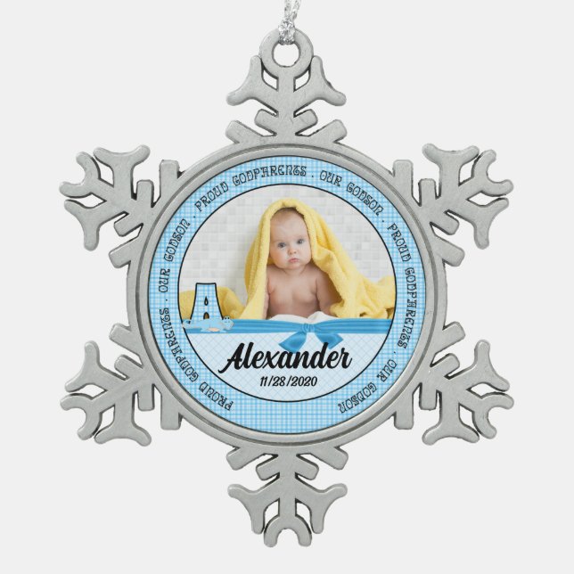 Proud Godparents in Blue Checks and Monogram A Snowflake Pewter Christmas Ornament (Front)