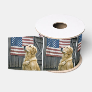 Proud Golden Retriever With American Flag Grosgrain Ribbon