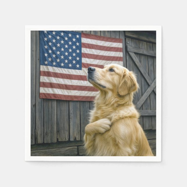Proud Golden Retriever With American Flag Napkin (Front)