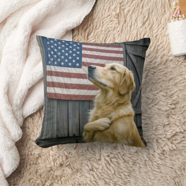 Proud Golden Retriever With American Flag Throw Pillow (Blanket)