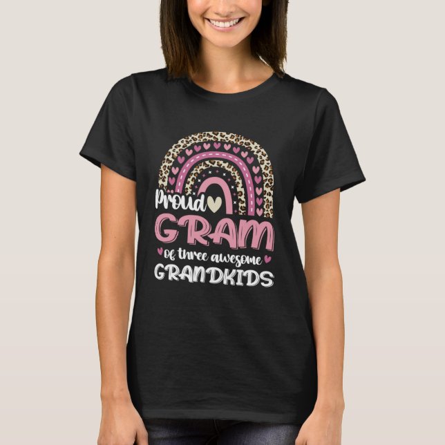 Proud Gram Of Three Grandkids Leopard Rainbow Gran T-Shirt (Front)