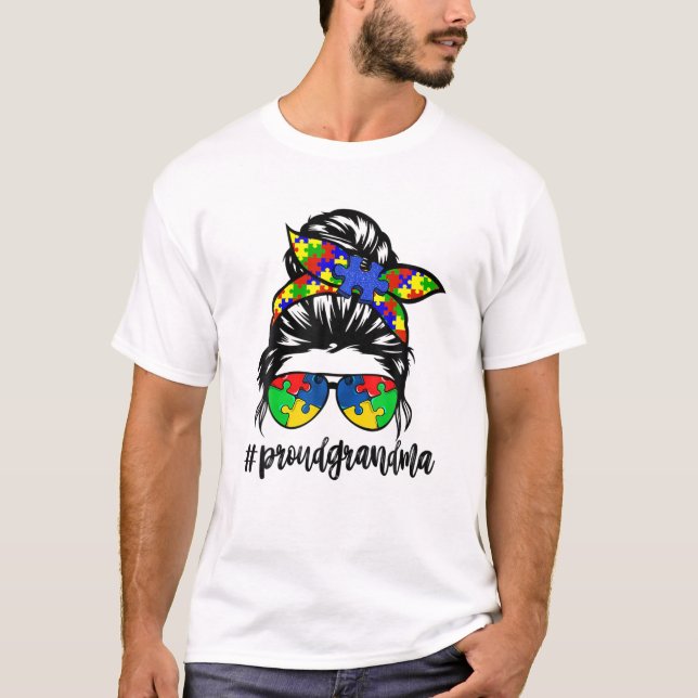Proud Grandma Autism Awareness Messy Bun Women T-Shirt (Front)