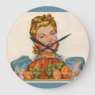 proud housewife with her dinner creation large clock