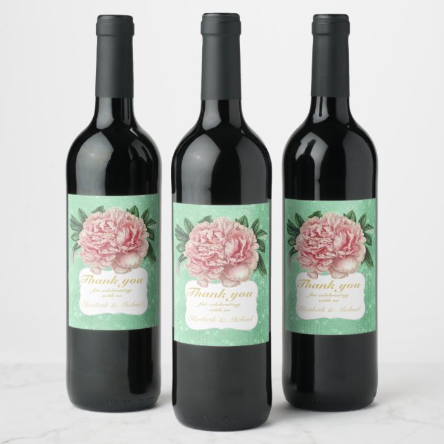 Proud Mint Green Blush Pink Gold Flower THANK YOU Wine Label (Bottles)